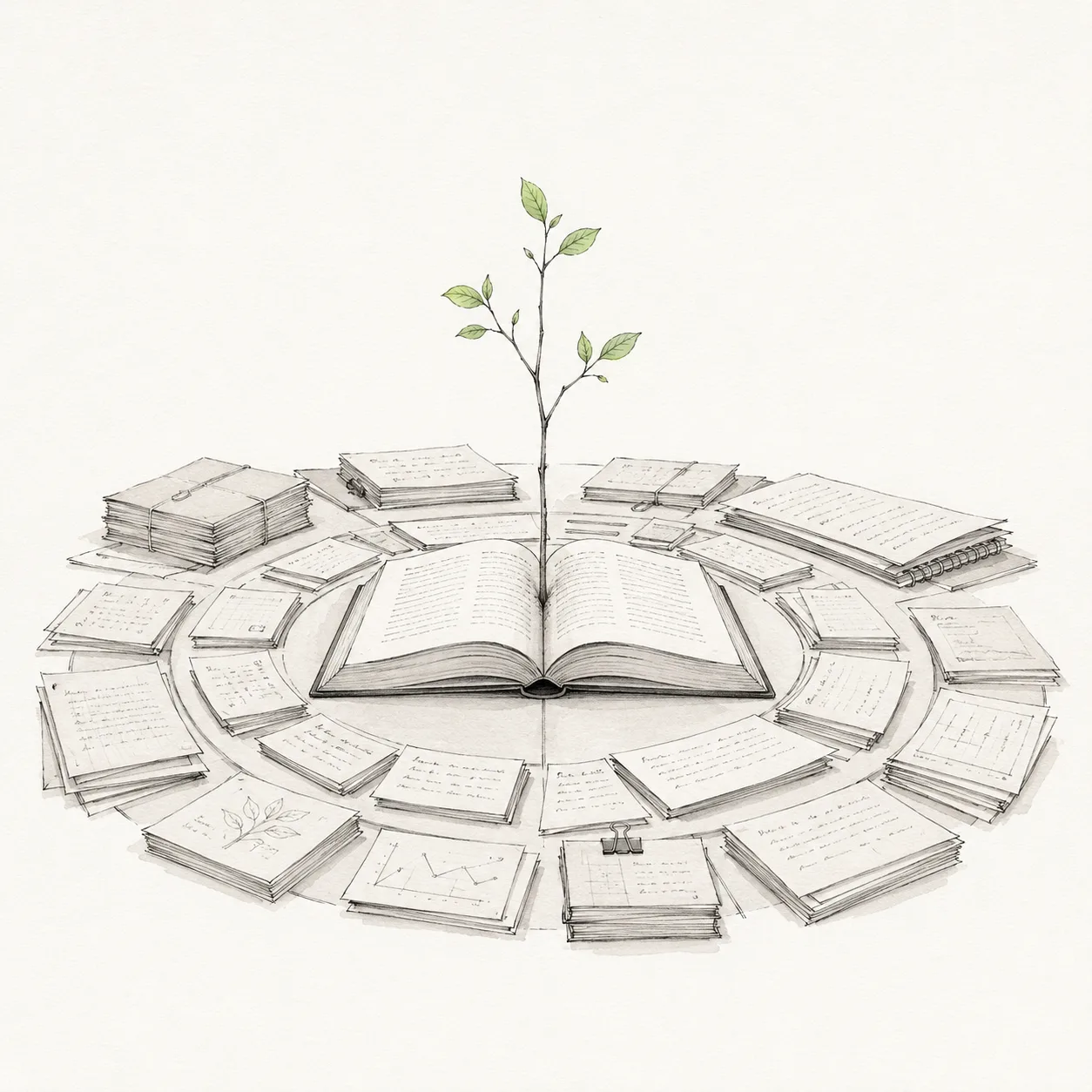 A small mint sapling growing out of an open book on a desk, ringed by layered stacks of notes: months of accumulated work worth keeping.