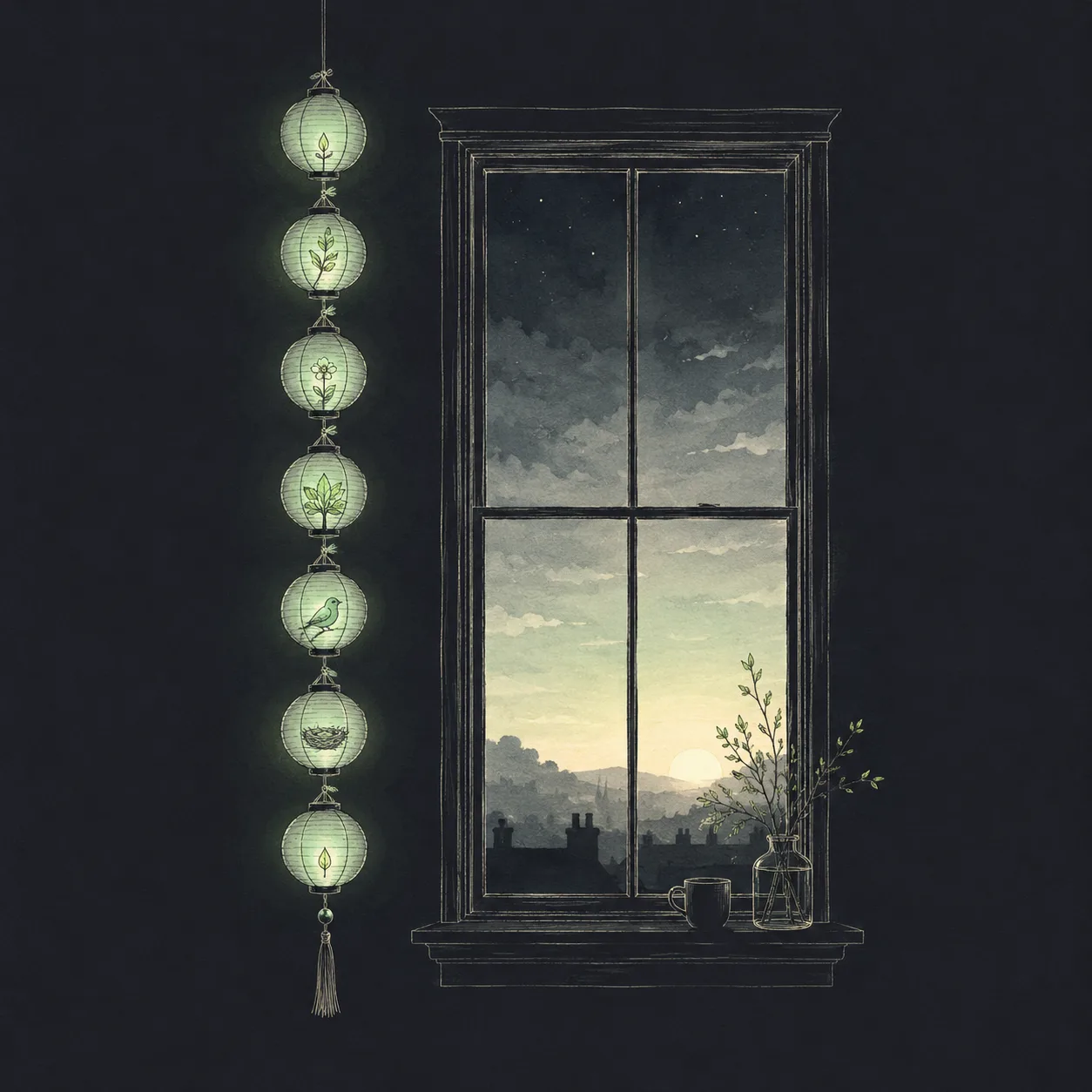 A vertical string of small mint lanterns descending beside a window at first dawn light, each marking a moment from the night.